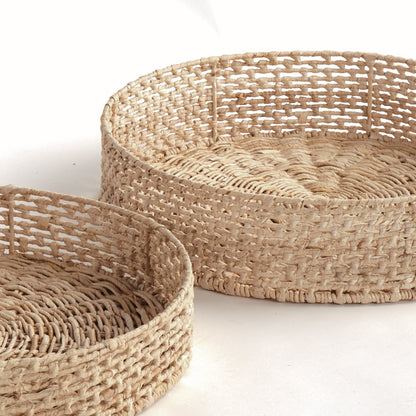 Juliet Abaca Round Trays Set of 2 - Coastal Handwoven Sustainable Tray, Beach House Ottoman & Console Decor