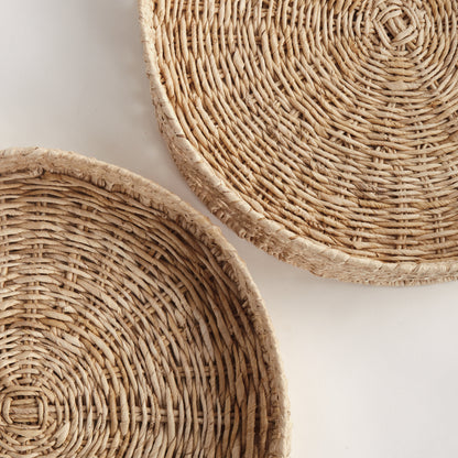 Juliet Abaca Round Trays Set of 2 - Coastal Handwoven Sustainable Tray, Beach House Ottoman & Console Decor
