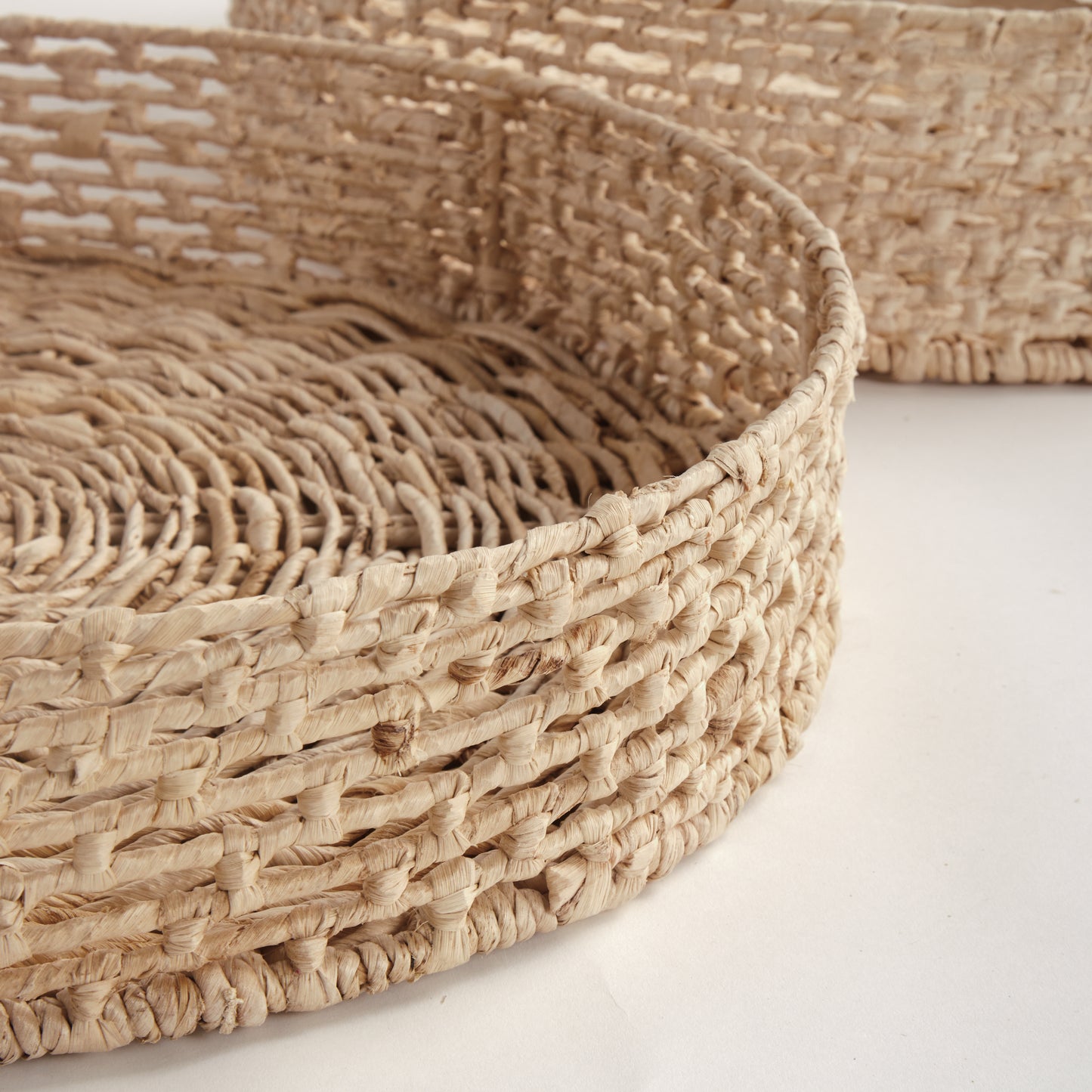 Juliet Abaca Round Trays Set of 2 - Coastal Handwoven Sustainable Tray, Beach House Ottoman & Console Decor