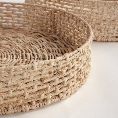 Juliet Abaca Round Trays Set of 2 - Coastal Handwoven Sustainable Tray, Beach House Ottoman & Console Decor