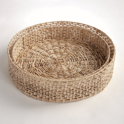 Juliet Abaca Round Trays Set of 2 - Coastal Handwoven Sustainable Tray, Beach House Ottoman & Console Decor
