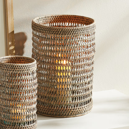 Rattan Hurricane Lantern Large - Coastal Woven Candle Holder, Beach House Decor