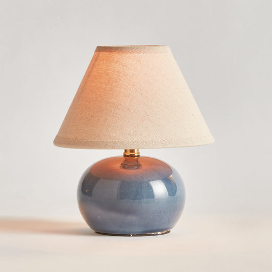 Oscar Mini Lamp - Coastal Blue Glazed Ceramic Mini Table Lamp with Linen Shade, Beach House Decor & Lighting
