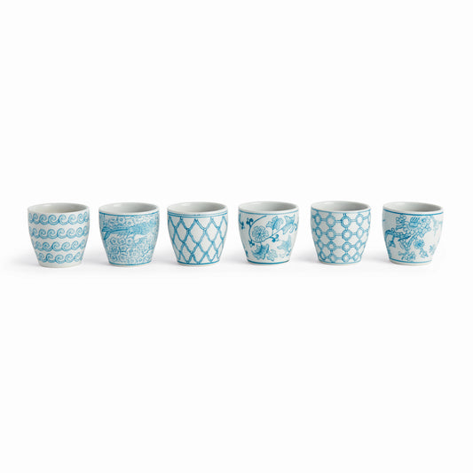 Monarch Mini Flower Pots Set of 6 - Coastal Hand-Painted Chinoiserie Porcelain Mini Pots, Beach House Decor