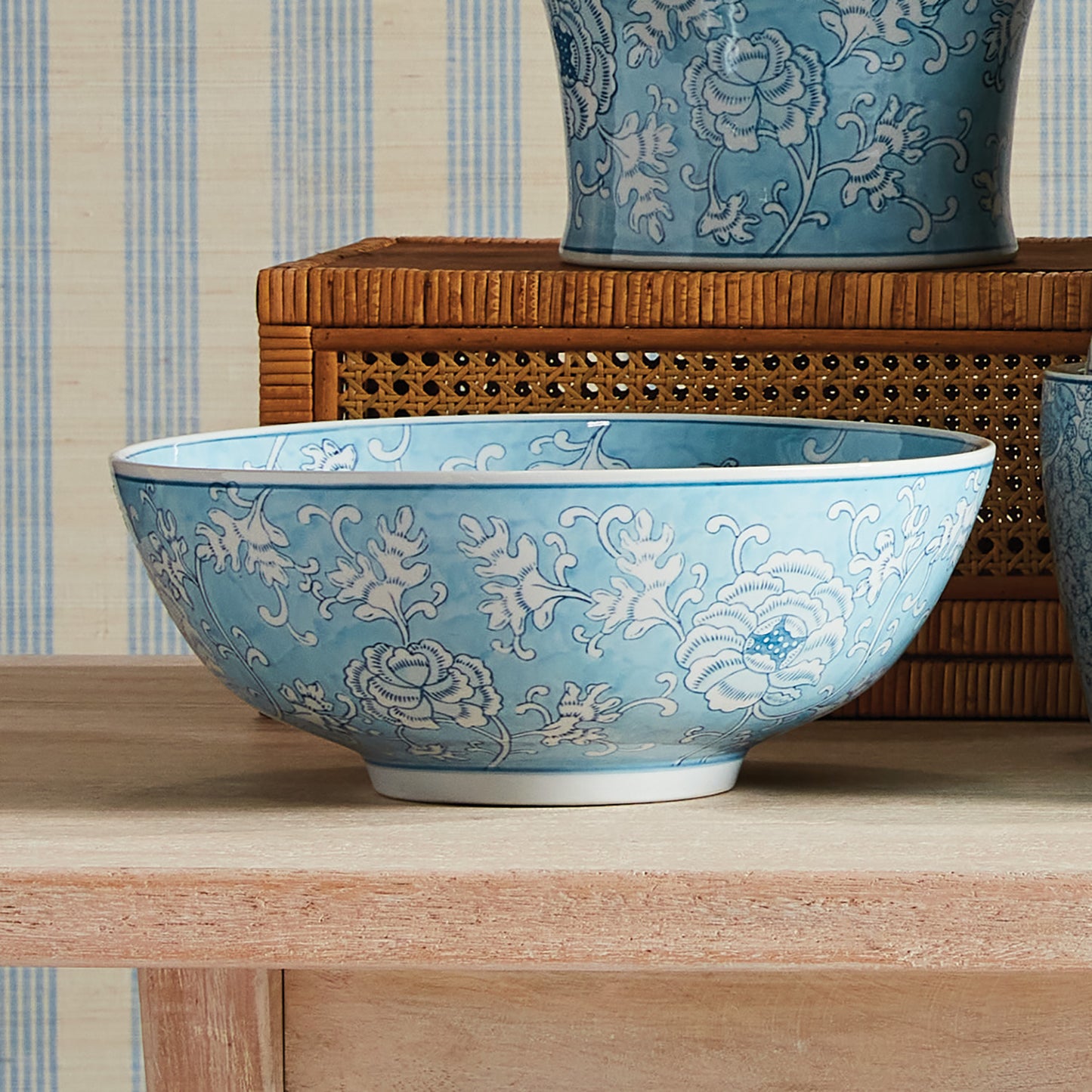 Monarch Lotus Decorative Bowl - Coastal Hand-Painted Chinoiserie Porcelain Decorative Bowl, Beach House Decor