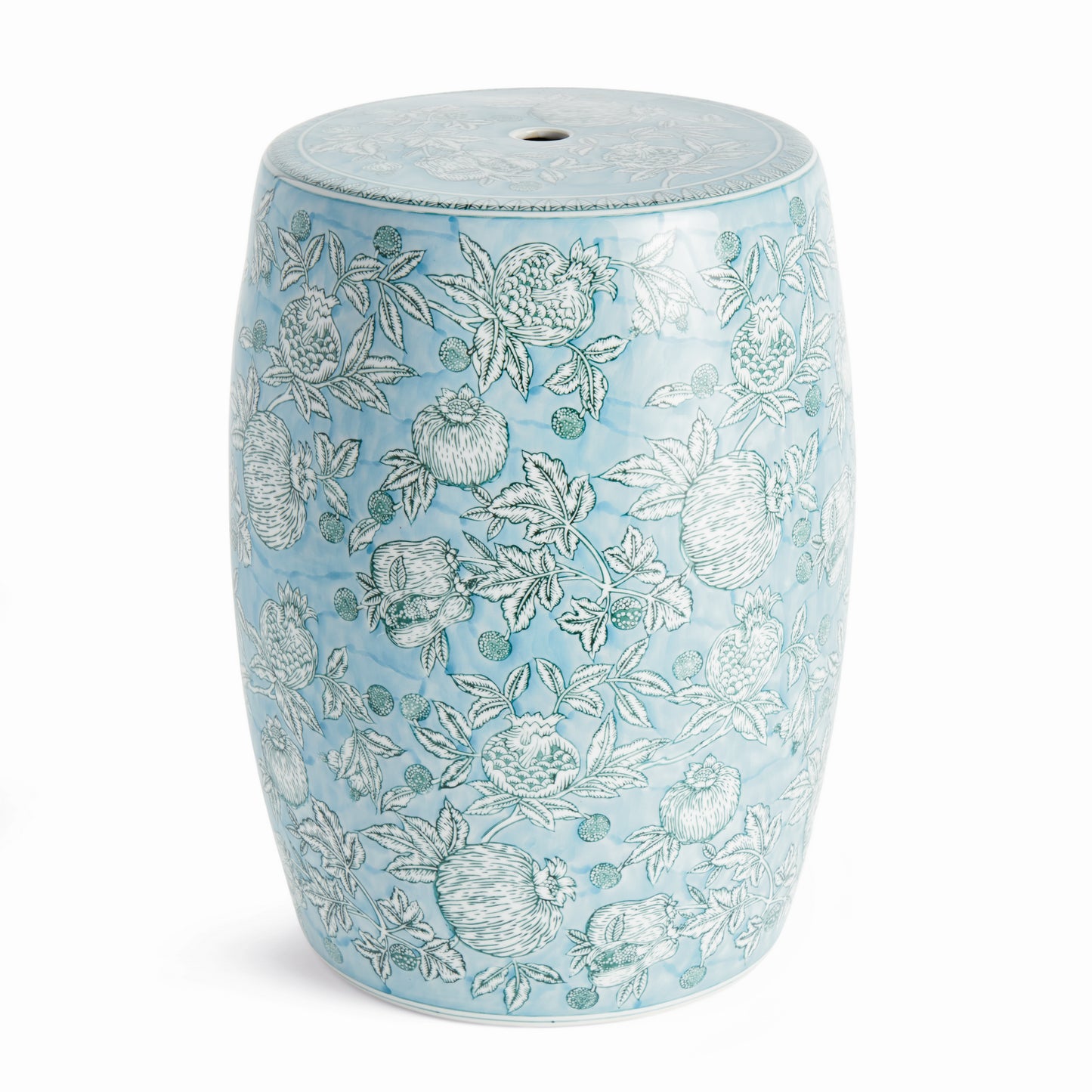 Pomegranate Sketch Stool - Coastal Hand-Painted Porcelain Accent Stool, Beach House Living Room Decor