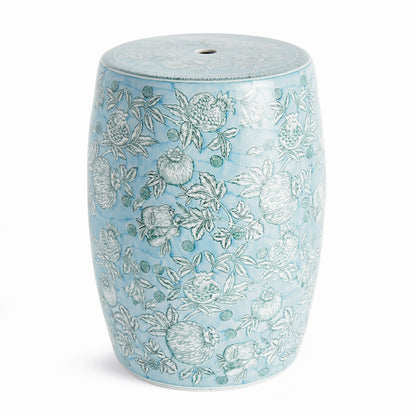 Pomegranate Sketch porcelain accent stool with a light blue and white botanical pattern and rounded barrel shape