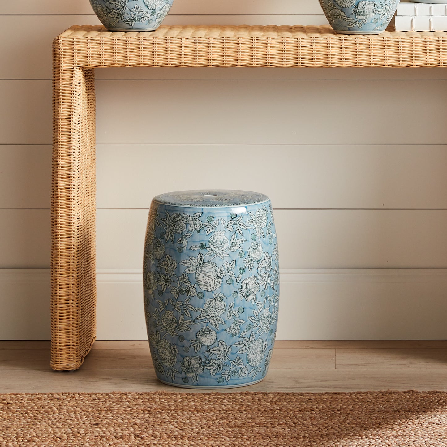 Pomegranate Sketch Stool - Coastal Hand-Painted Porcelain Accent Stool, Beach House Living Room Decor