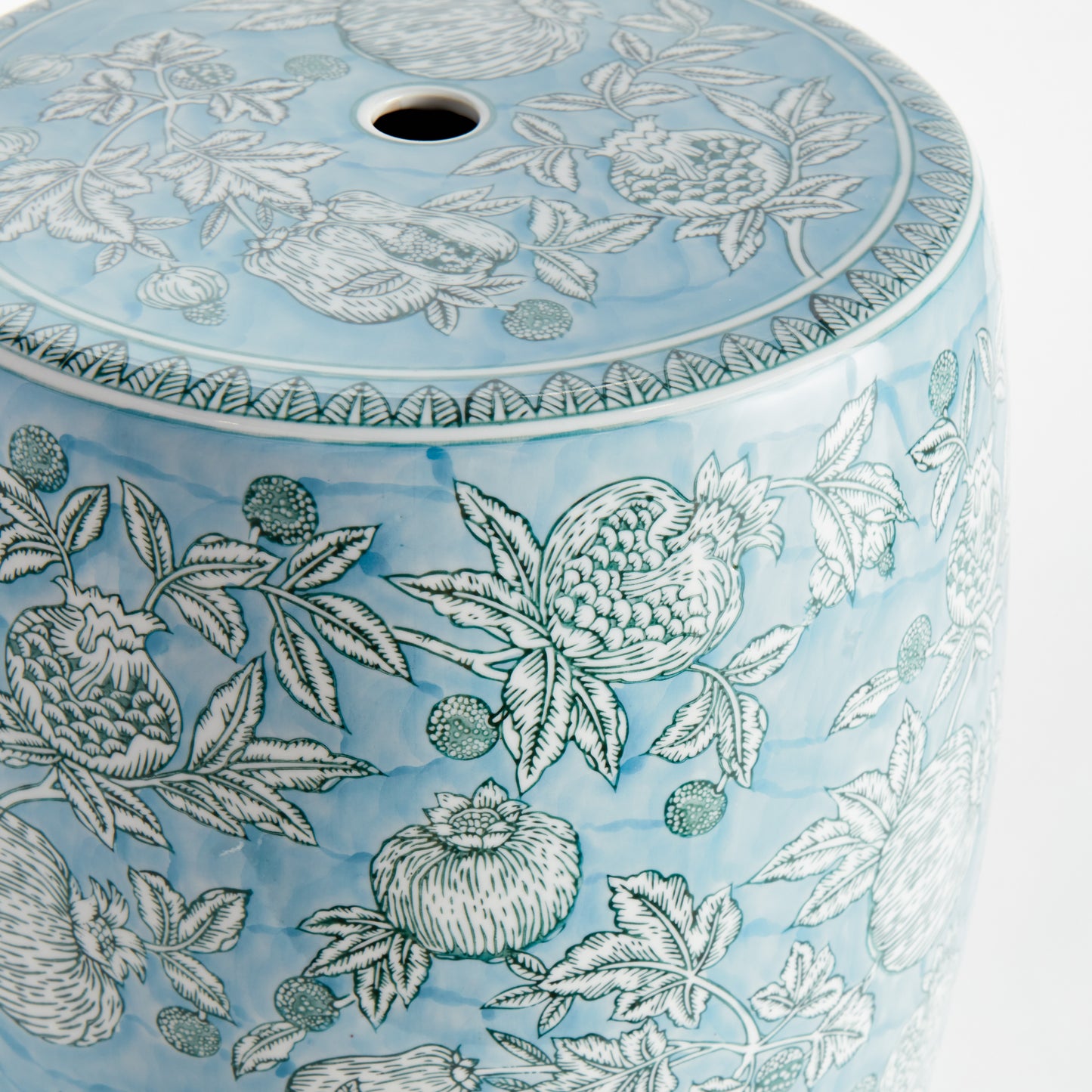 Pomegranate Sketch Stool - Coastal Hand-Painted Porcelain Accent Stool, Beach House Living Room Decor