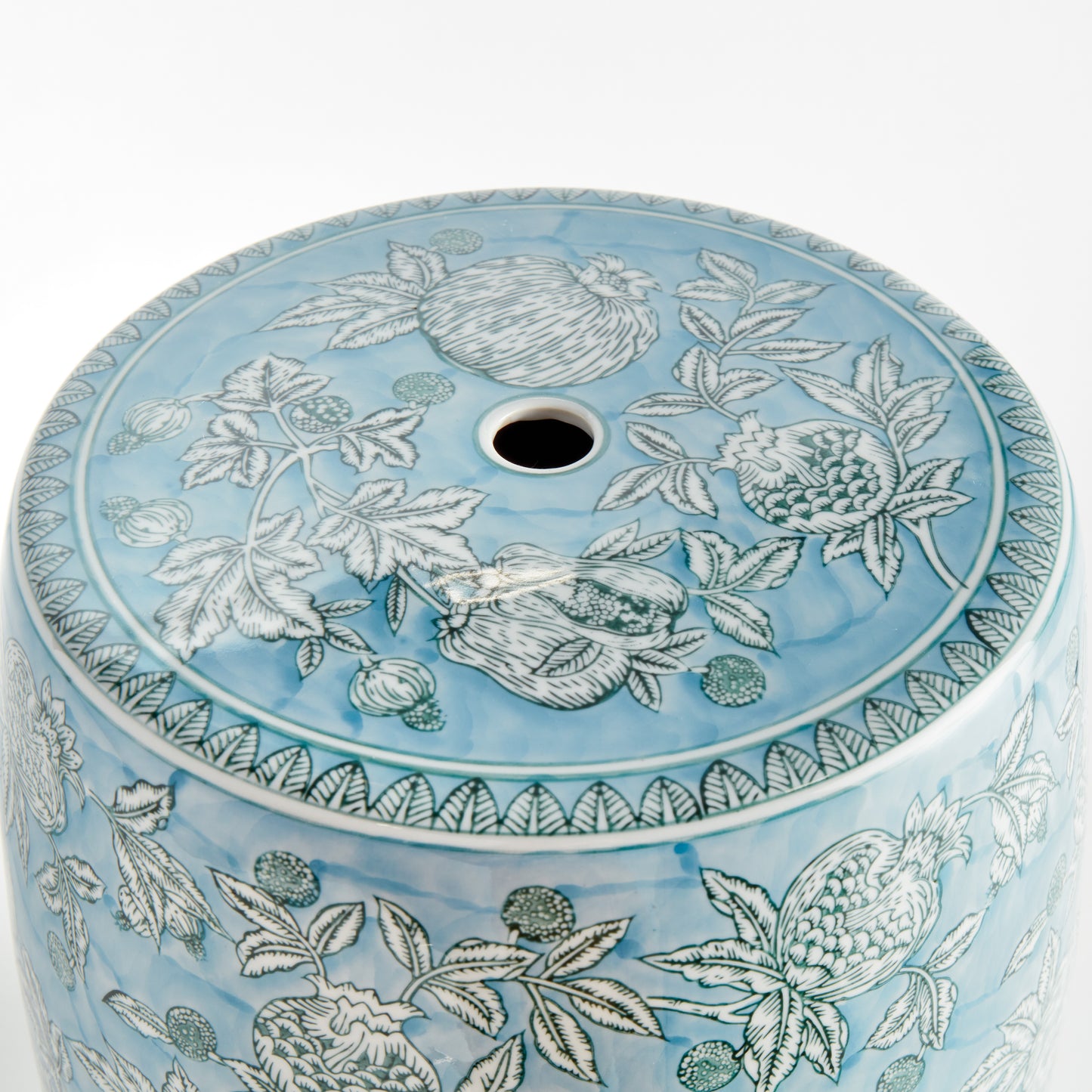 Pomegranate Sketch Stool - Coastal Hand-Painted Porcelain Accent Stool, Beach House Living Room Decor