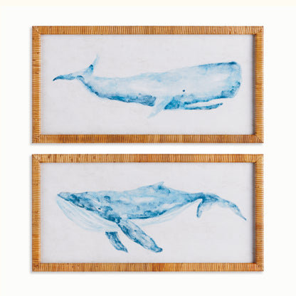 Whale of a Pair Prints Set of 2 - Coastal Whale Wall Art with Cane Frame