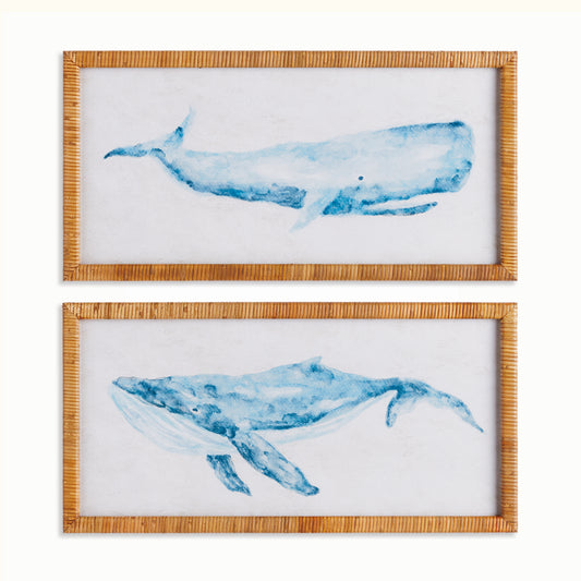 Whale of a Pair Prints Set of 2 - Coastal Whale Wall Art with Cane Frame, Beach House & Coastal Cottage Decor