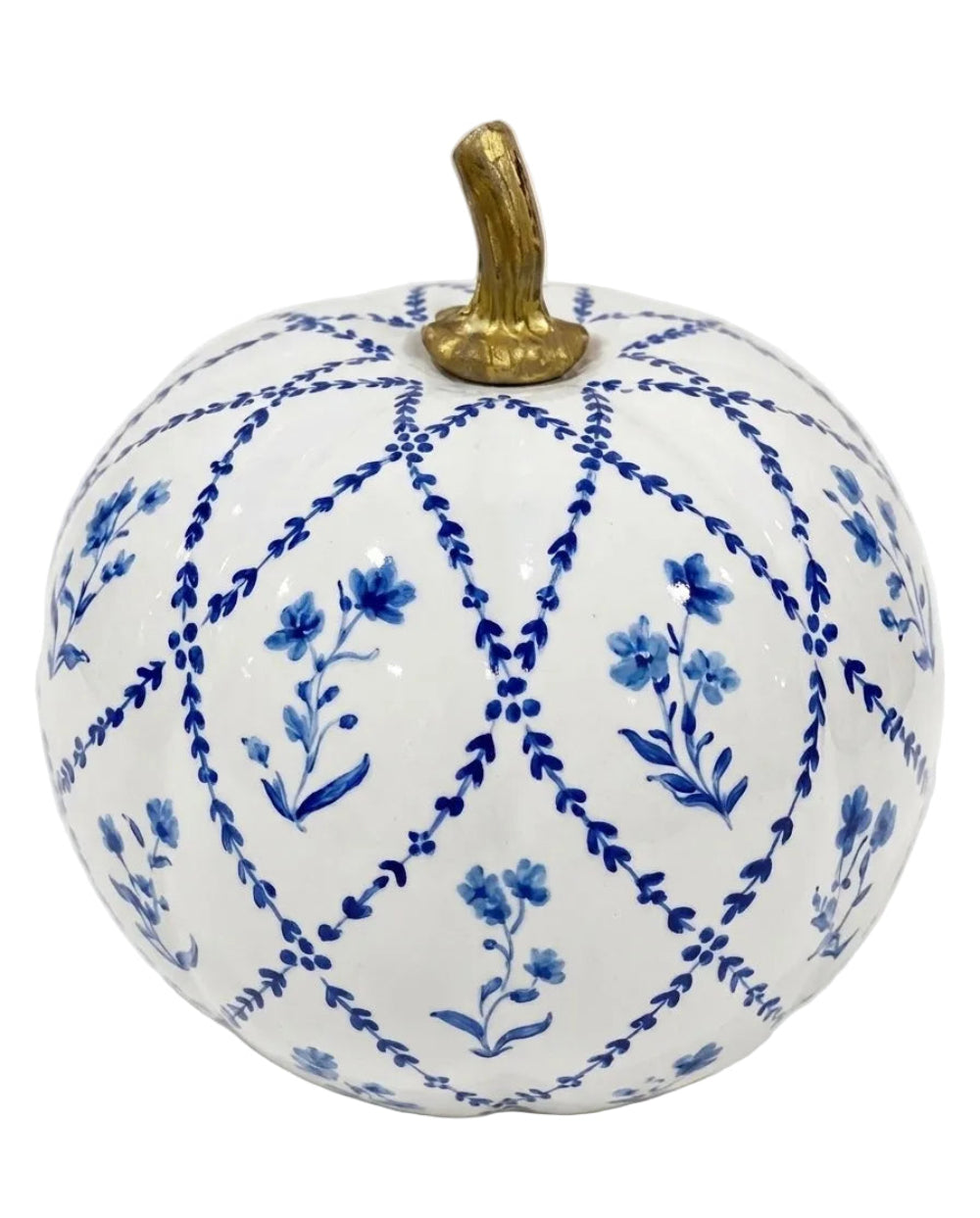 Navy Garden Trellis white decorative pumpkin with blue floral sprigs, a leafy lattice pattern, and gold-colored stem