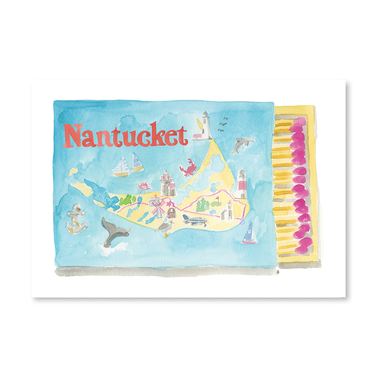 Nantucket Matchbook Art Print - Coastal Watercolor Nantucket Wall Art, Beach House Decor & Gallery Wall