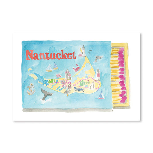 Nantucket Matchbook Art Print - Coastal Watercolor Nantucket Wall Art, Beach House Decor & Gallery Wall