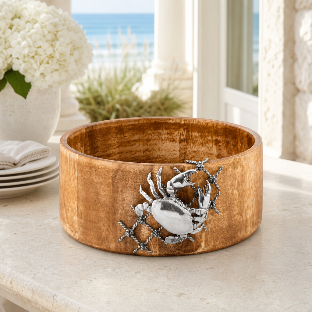Crab in Net Salad Bowl - Coastal Handcrafted Acacia Wood & Pewter Serving Bowl, Beach House Entertaining