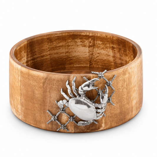 Crab in Net Salad Bowl - Coastal Handcrafted Acacia Wood & Pewter Serving Bowl, Beach House Entertaining