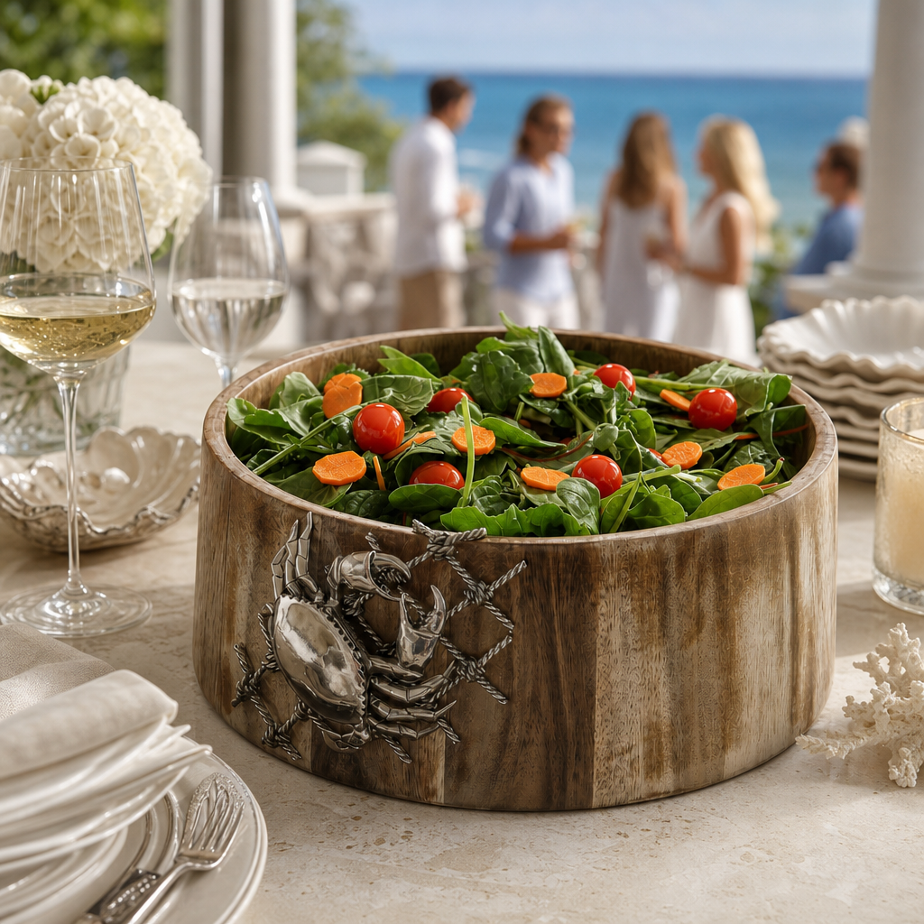 Crab in Net Salad Bowl - Coastal Handcrafted Acacia Wood & Pewter Serving Bowl, Beach House Entertaining
