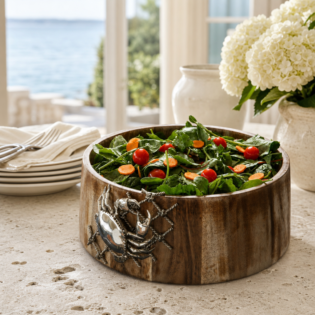 Crab in Net Salad Bowl - Coastal Handcrafted Acacia Wood & Pewter Serving Bowl, Beach House Entertaining