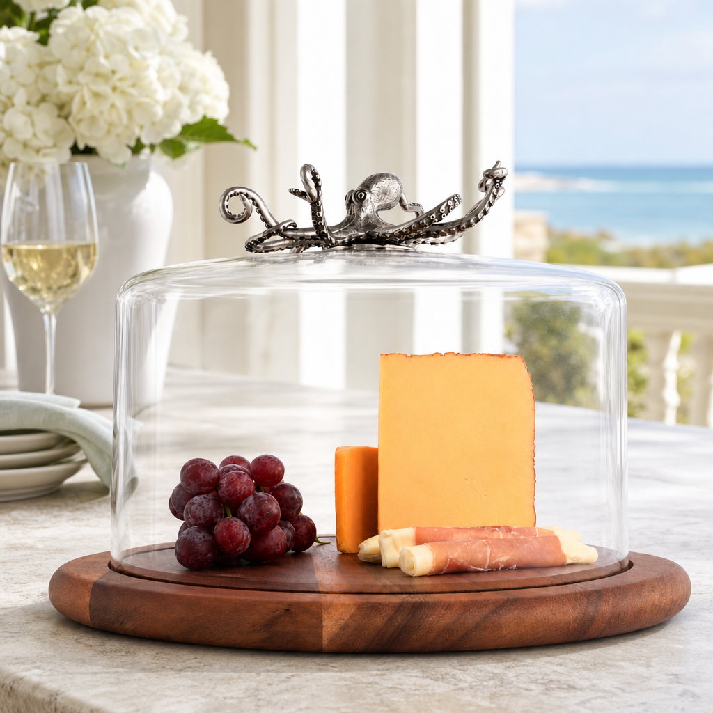 Octopus Glass Covered Cheese Wood Board - Coastal Nautical Serveware, Beach House Entertaining