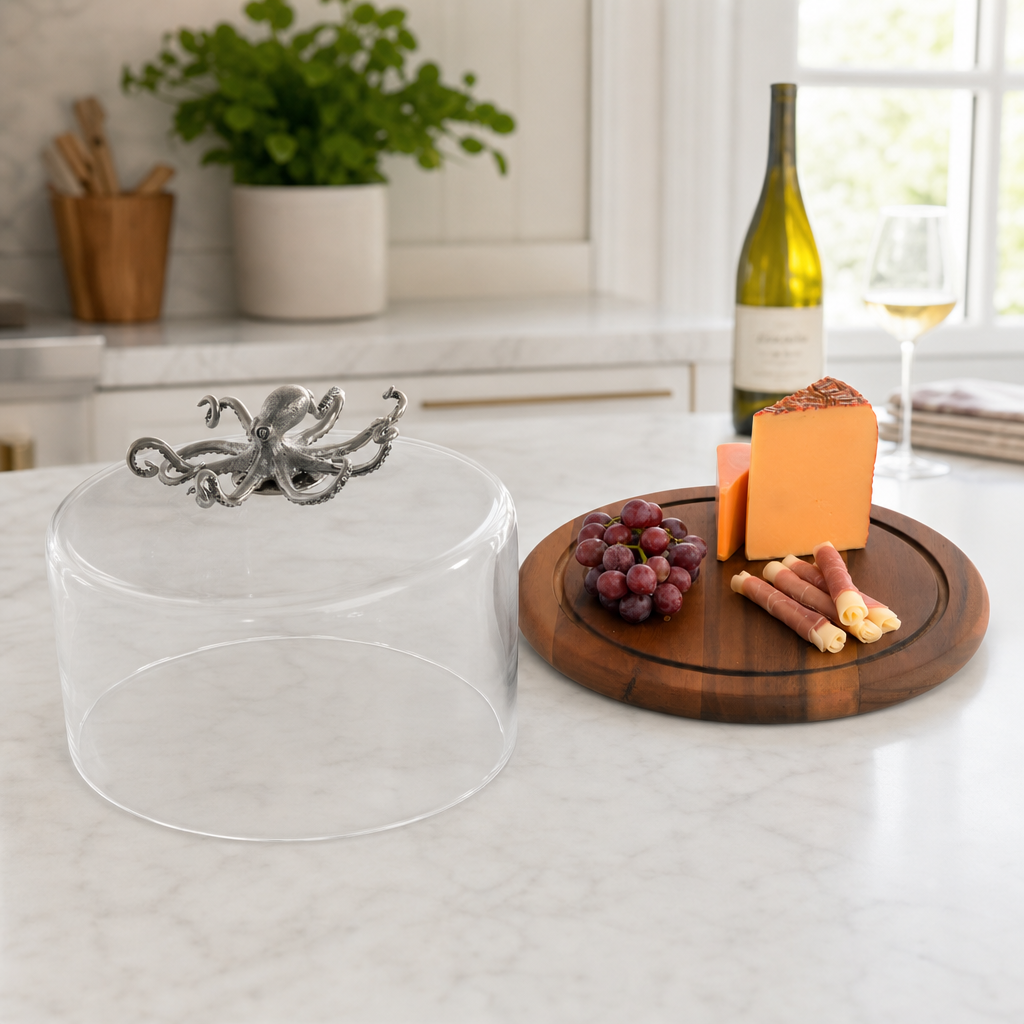 Octopus Glass Covered Cheese Wood Board - Coastal Nautical Serveware, Beach House Entertaining