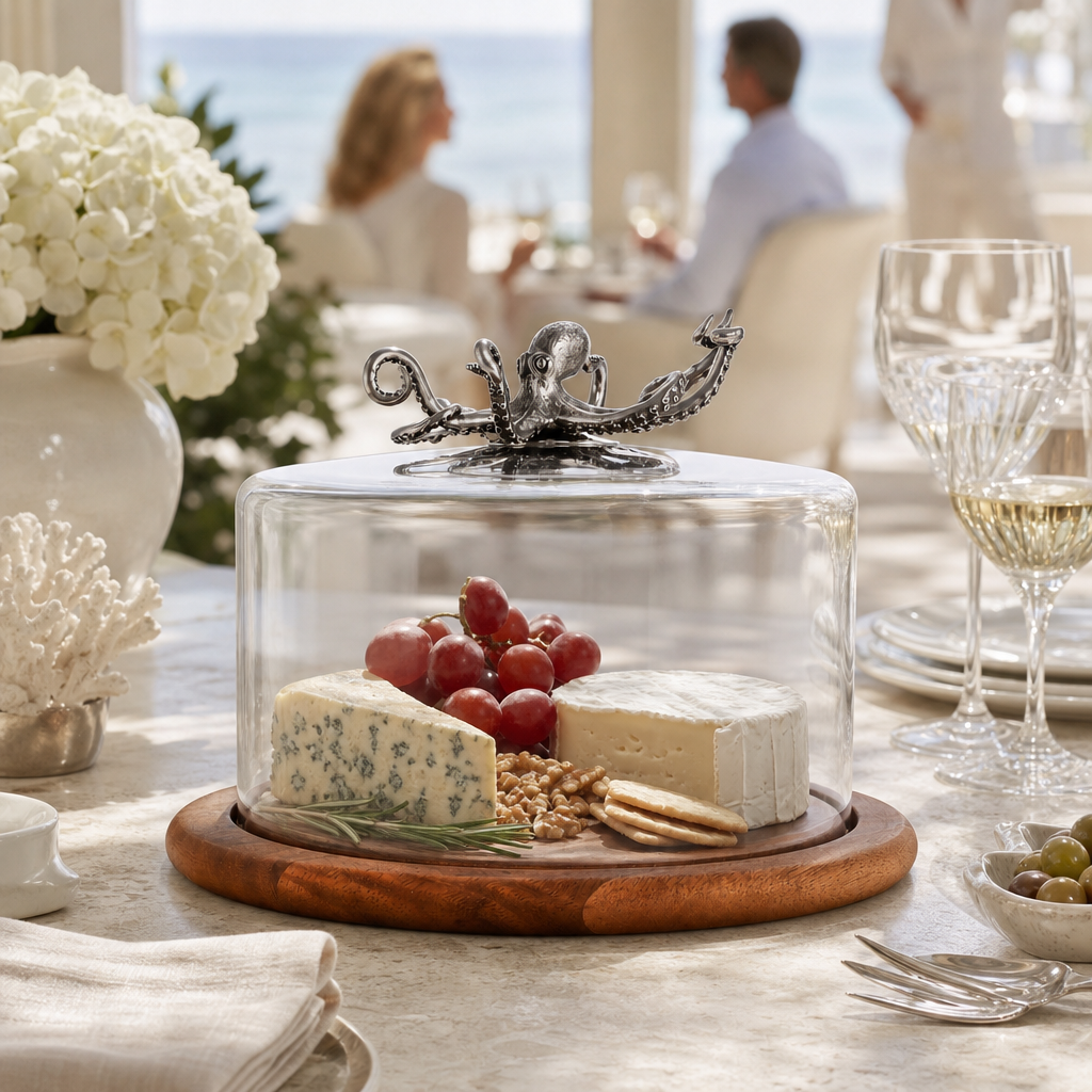 Octopus Glass Covered Cheese Wood Board - Coastal Nautical Serveware, Beach House Entertaining