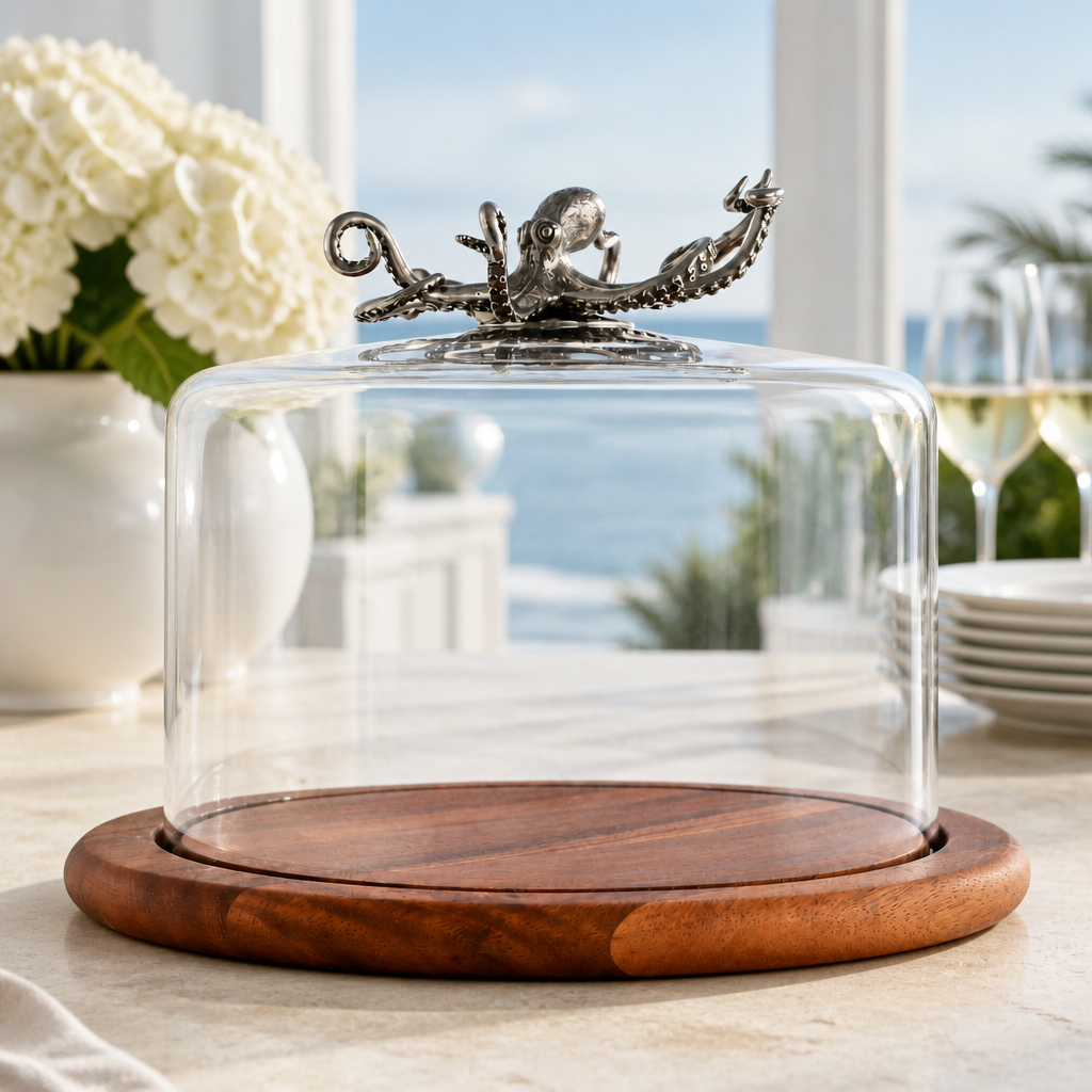 Octopus Glass Covered Cheese Wood Board - Coastal Nautical Serveware, Beach House Entertaining