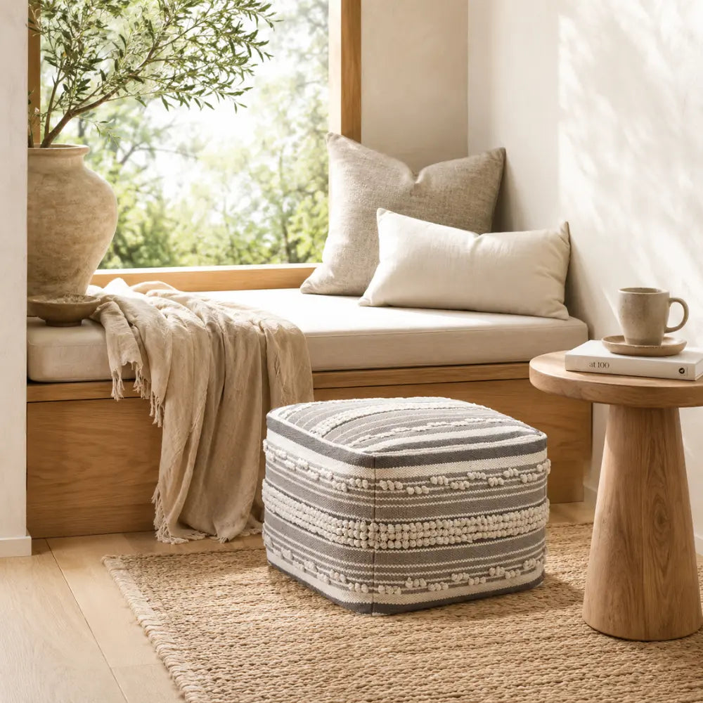 Square Handwoven Stripe Loop Ottoman Pouf
