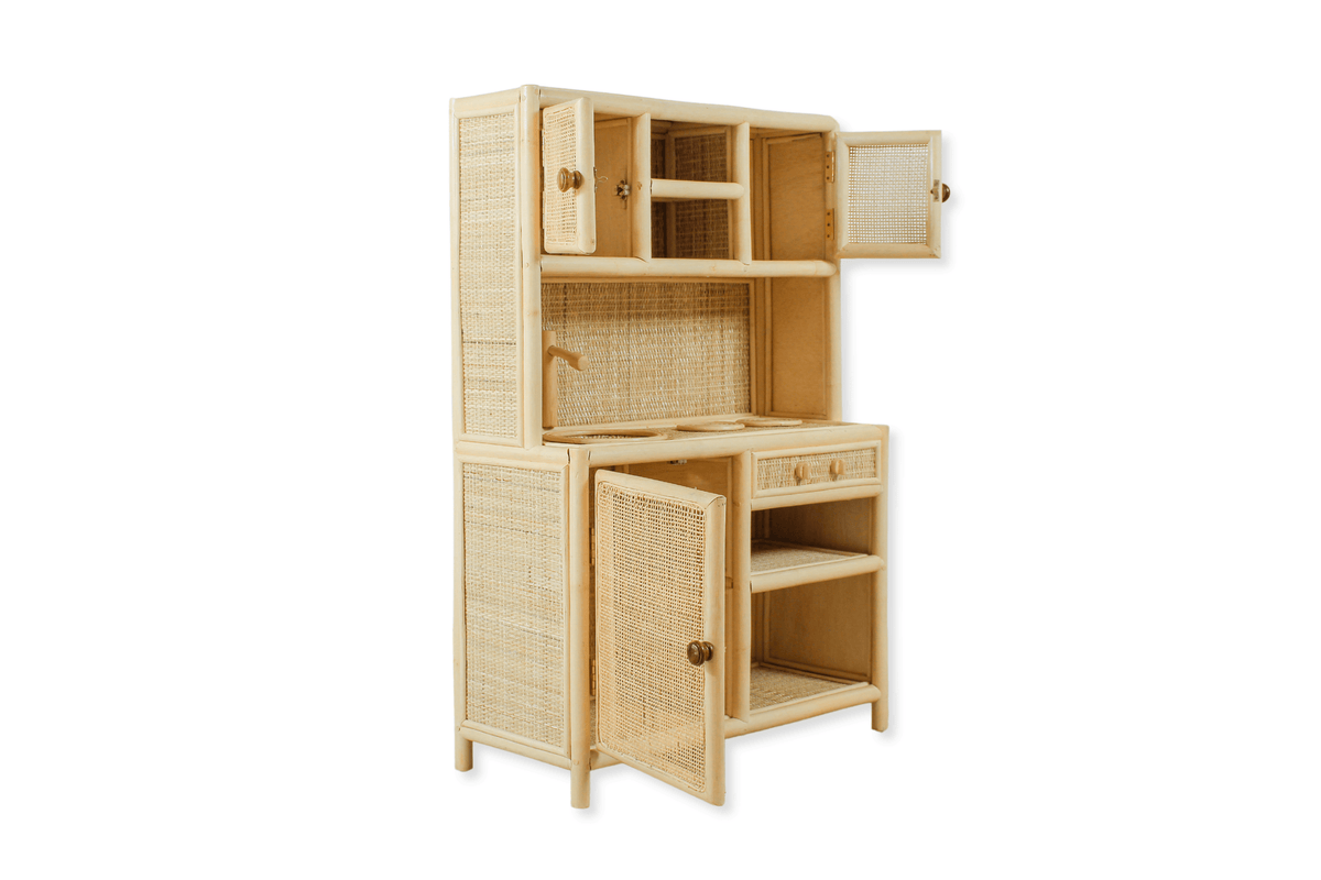 Montessori-Style Rattan Play Kitchen – Natural Pretend Play Station with Storage
