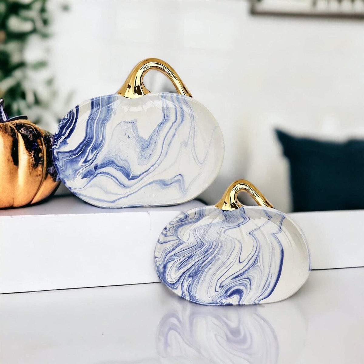 Blue pumpkin-shaped serving platter in medium size
