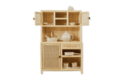 Montessori-Style Rattan Play Kitchen – Natural Pretend Play Station with Storage