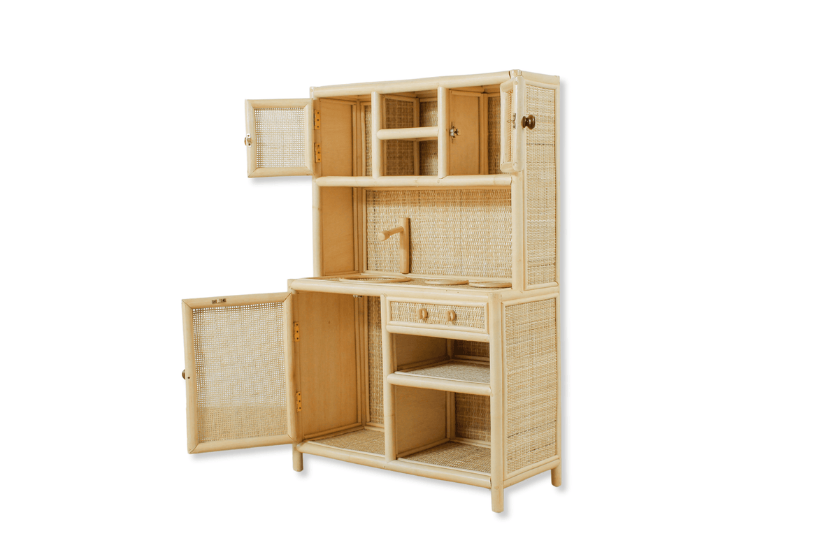 Montessori-Style Rattan Play Kitchen – Natural Pretend Play Station with Storage