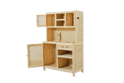 Montessori-Style Rattan Play Kitchen – Natural Pretend Play Station with Storage