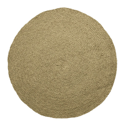 Overhead view of the natural round braided jute rug on a white background