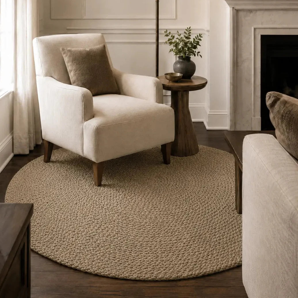 Natural round braided jute rug beneath a cream armchair in a living room beside a fireplace