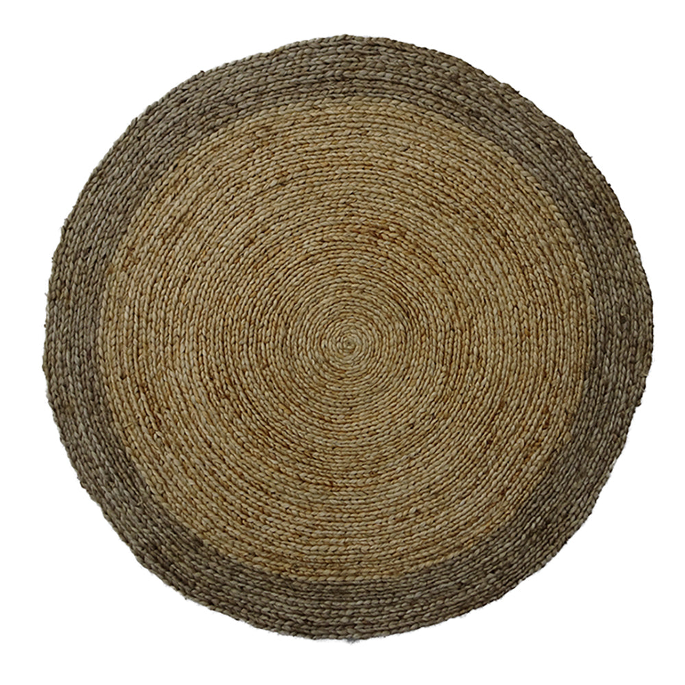 Overhead view of a round braided jute rug with a natural tan center and contrasting brown border