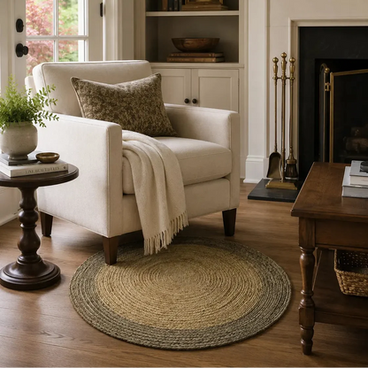 Natural and brown round jute rug styled beside a cream armchair near a living room fireplace