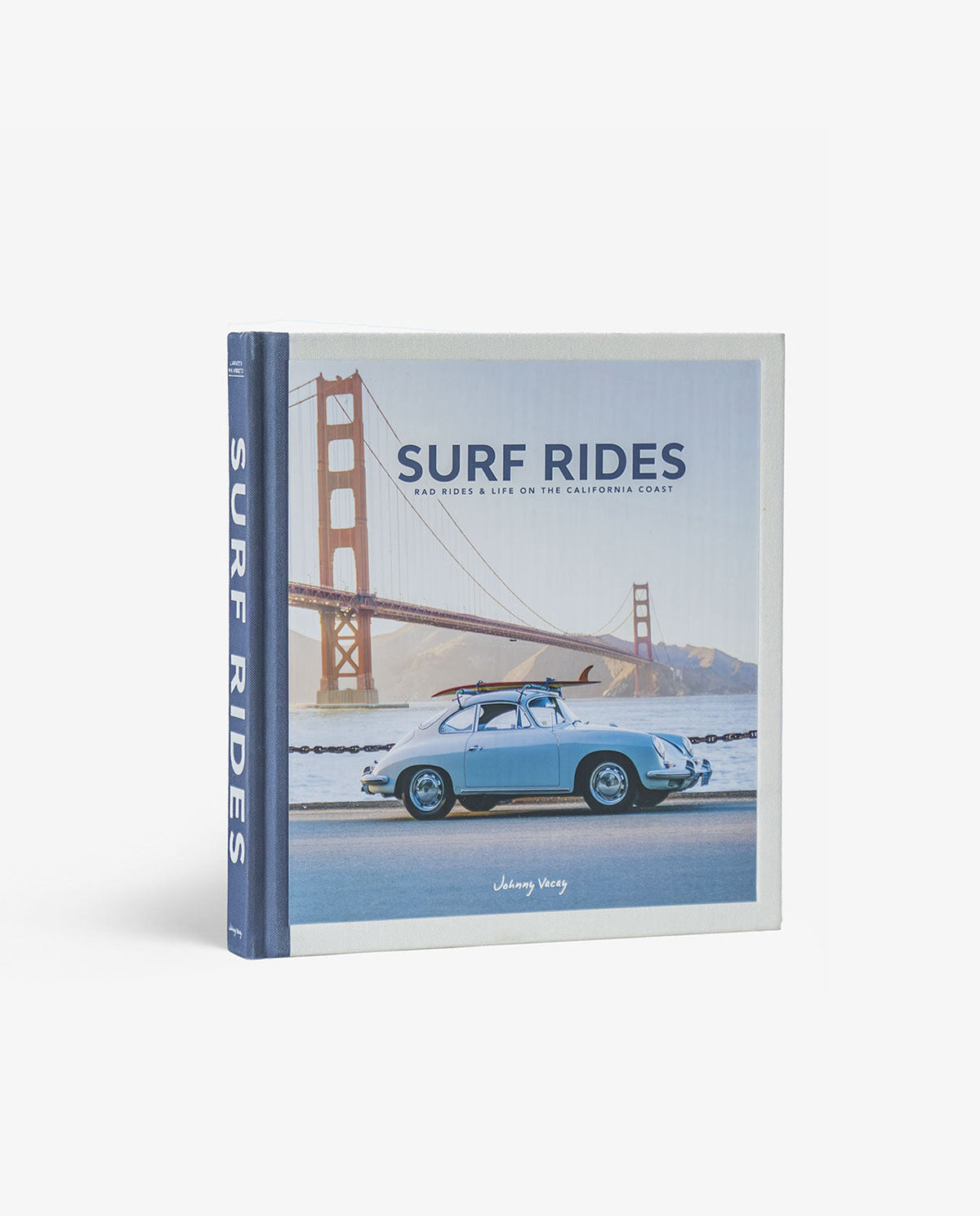 Surf Rides book cover featuring a light blue vintage car with a surfboard beside the Golden Gate Bridge
