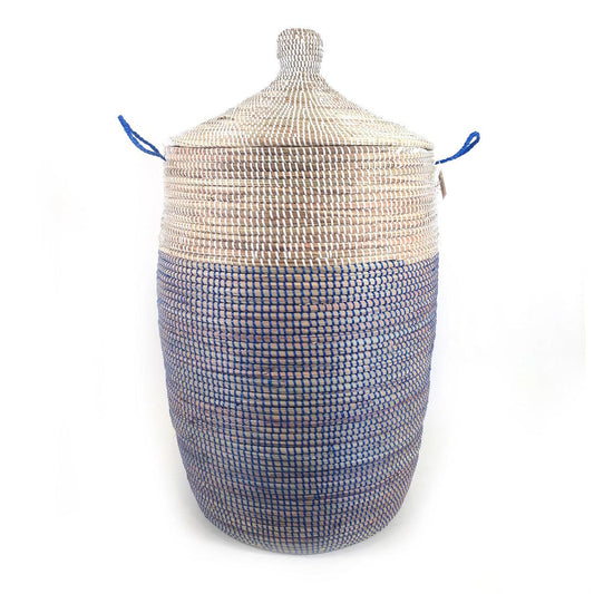 a blue and white basket with a lid