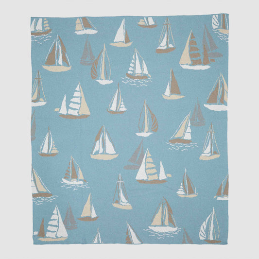 Cotton Sustainable Knit Throw Blanket - Coastal Sailboat Pattern in Light Blue, Beach House Decor