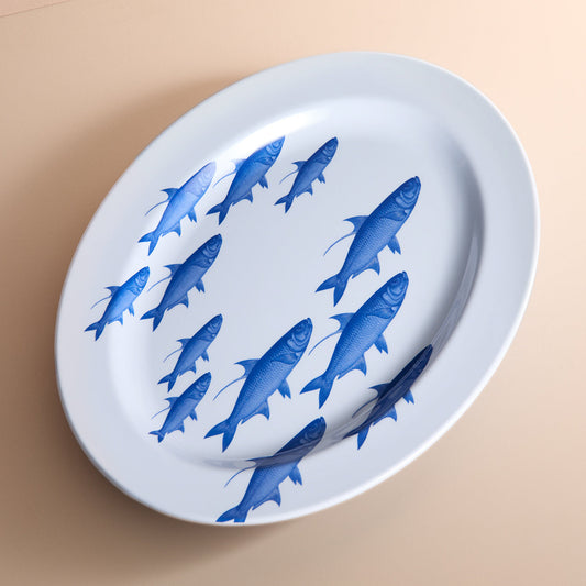 School of Fish Melamine Oval Rimmed Platter - Coastal BPA-Free Melamine Outdoor Platter, Beach House Entertaining