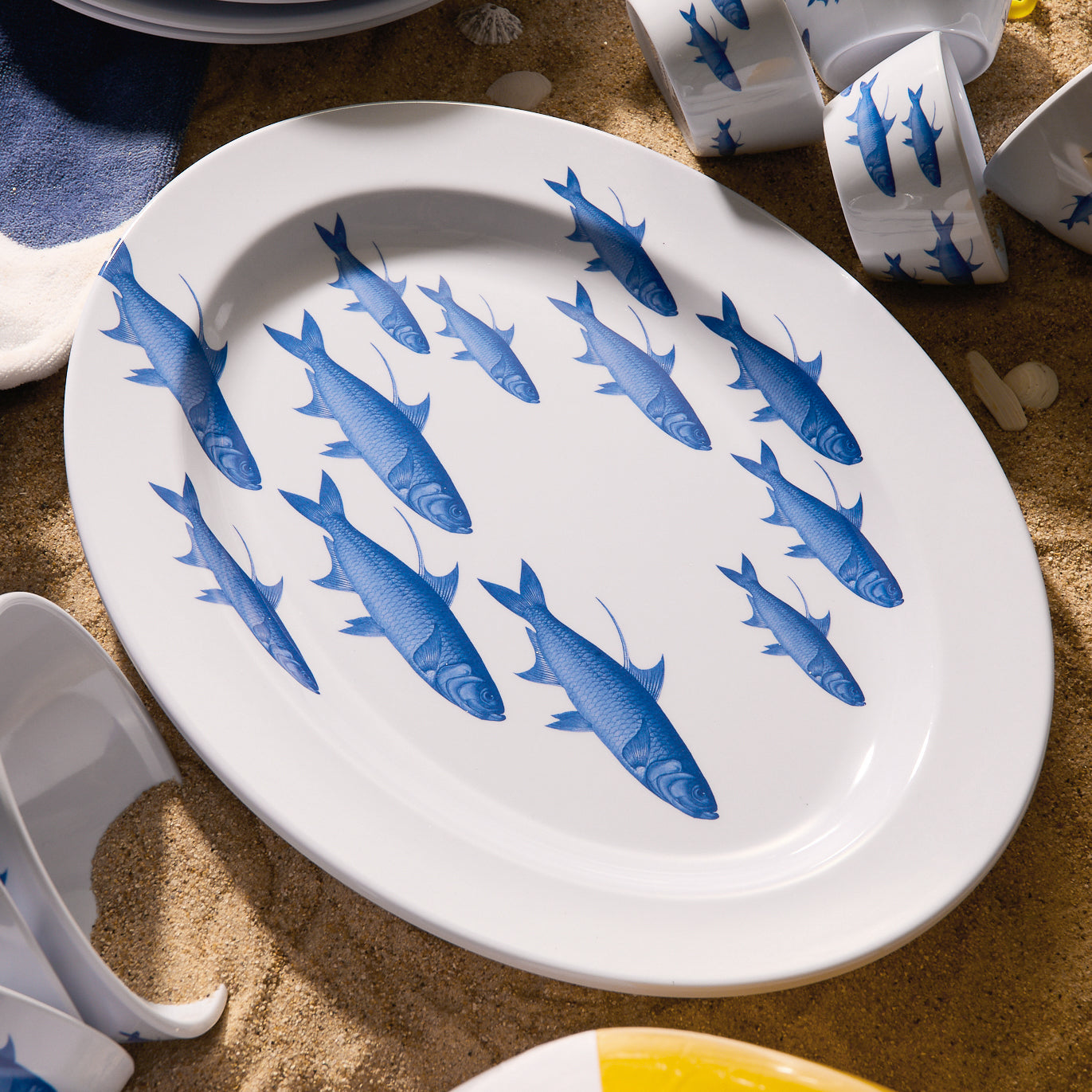 School of Fish Melamine Oval Rimmed Platter - Coastal BPA-Free Melamine Outdoor Platter, Beach House Entertaining