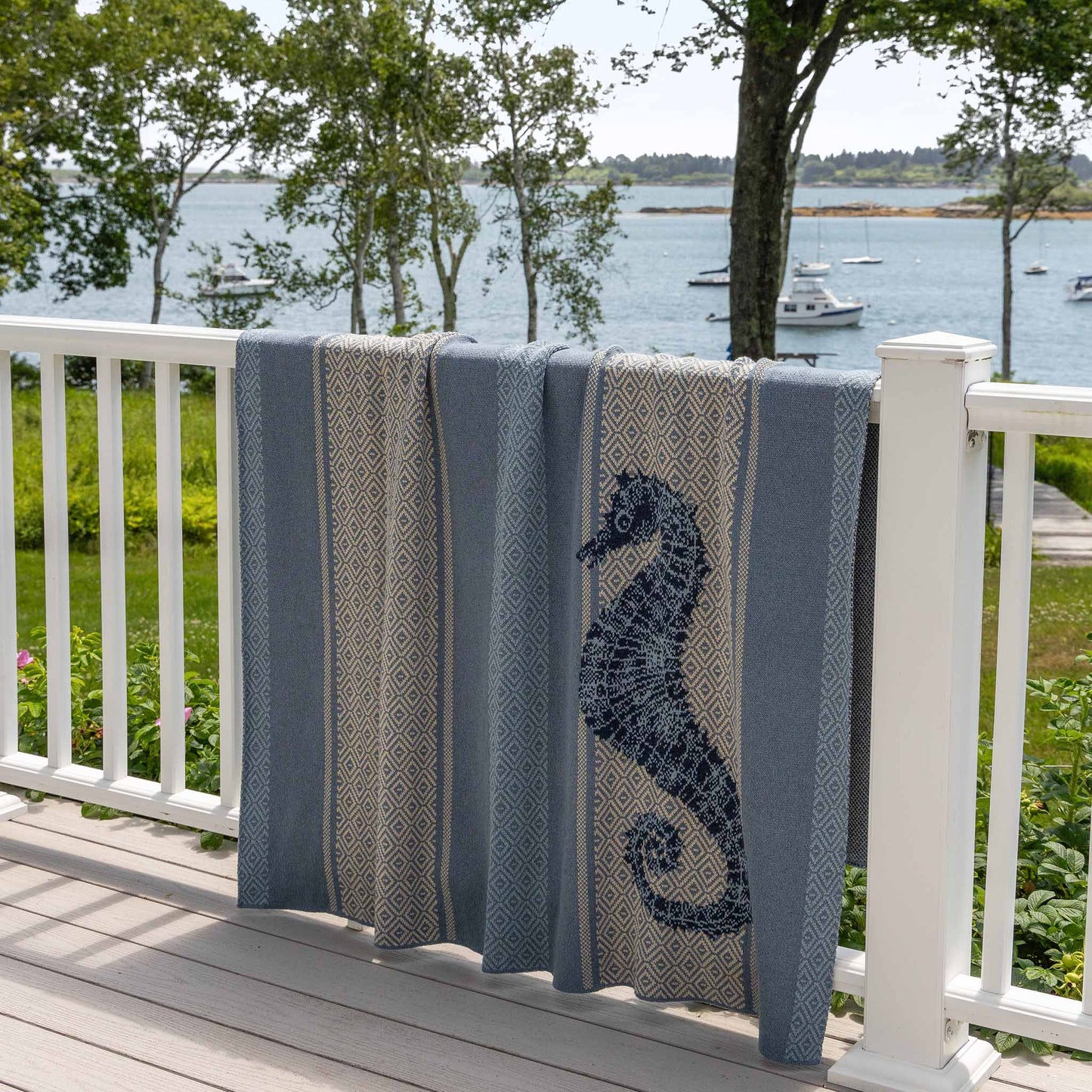 Seahorse Square Sustainable Coastal Knit Throw Blanket