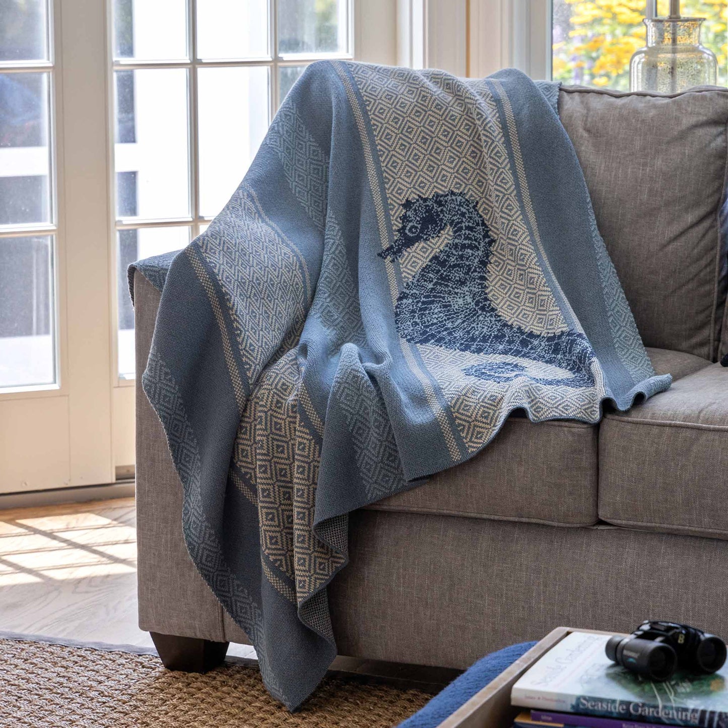 Seahorse Square Sustainable Coastal Knit Throw Blanket