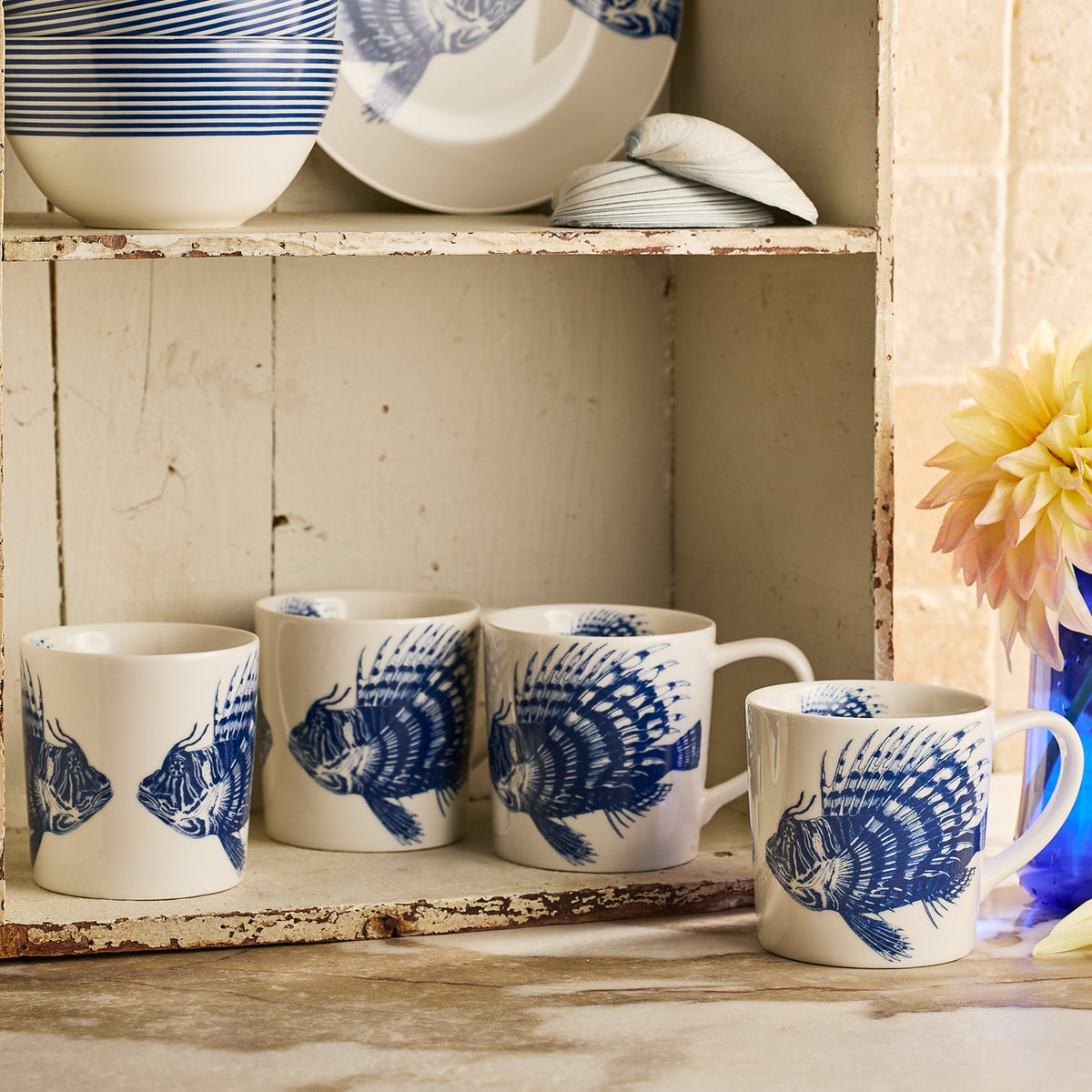 	Four matching blue-and-white Spiky Fish mugs displayed on and beside a rustic shelf