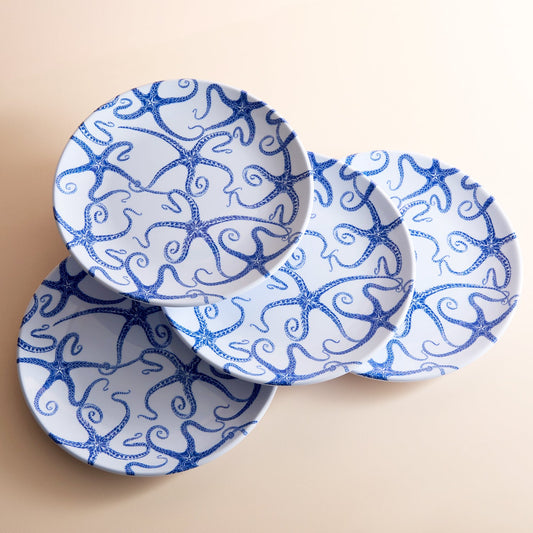 Starfish Melamine Dinner Plates Set of 4 - Coastal Nautical Outdoor Dinnerware, Beach House Entertaining