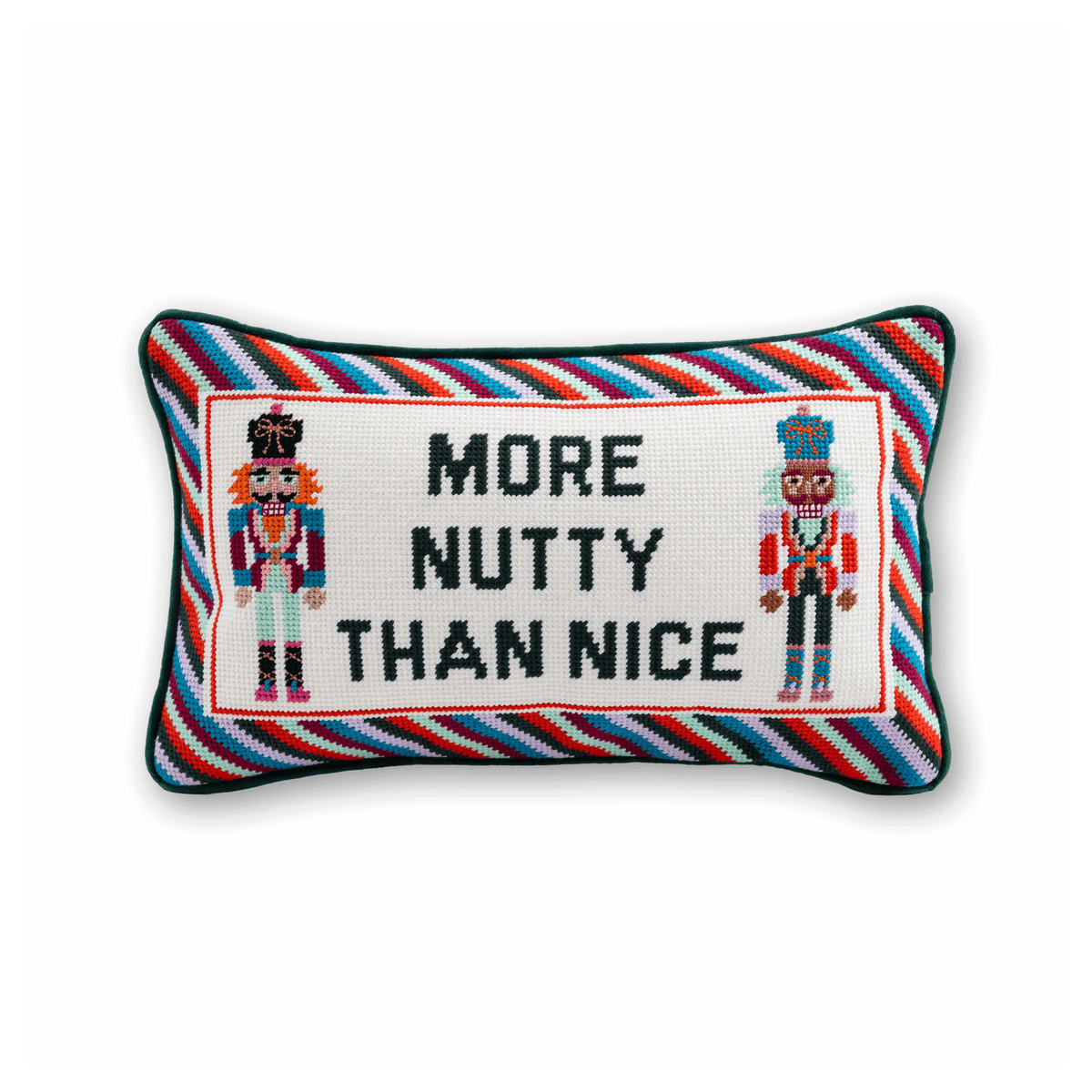 More Nutty Than Nice needlepoint pillow with two colorful nutcrackers, a diagonal striped border, and green piping