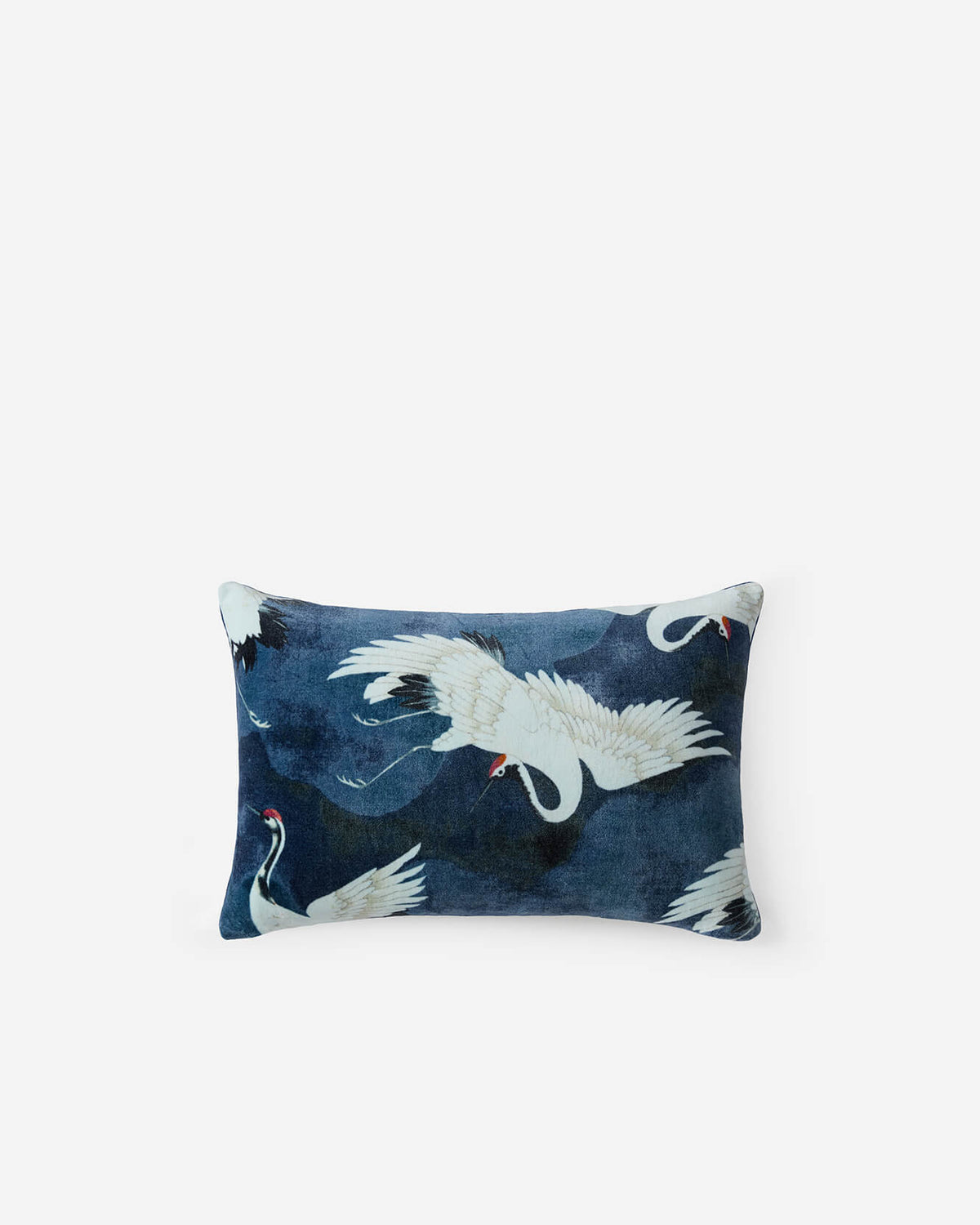 Crane in the Clouds blue velvet lumbar pillow 22 x 14