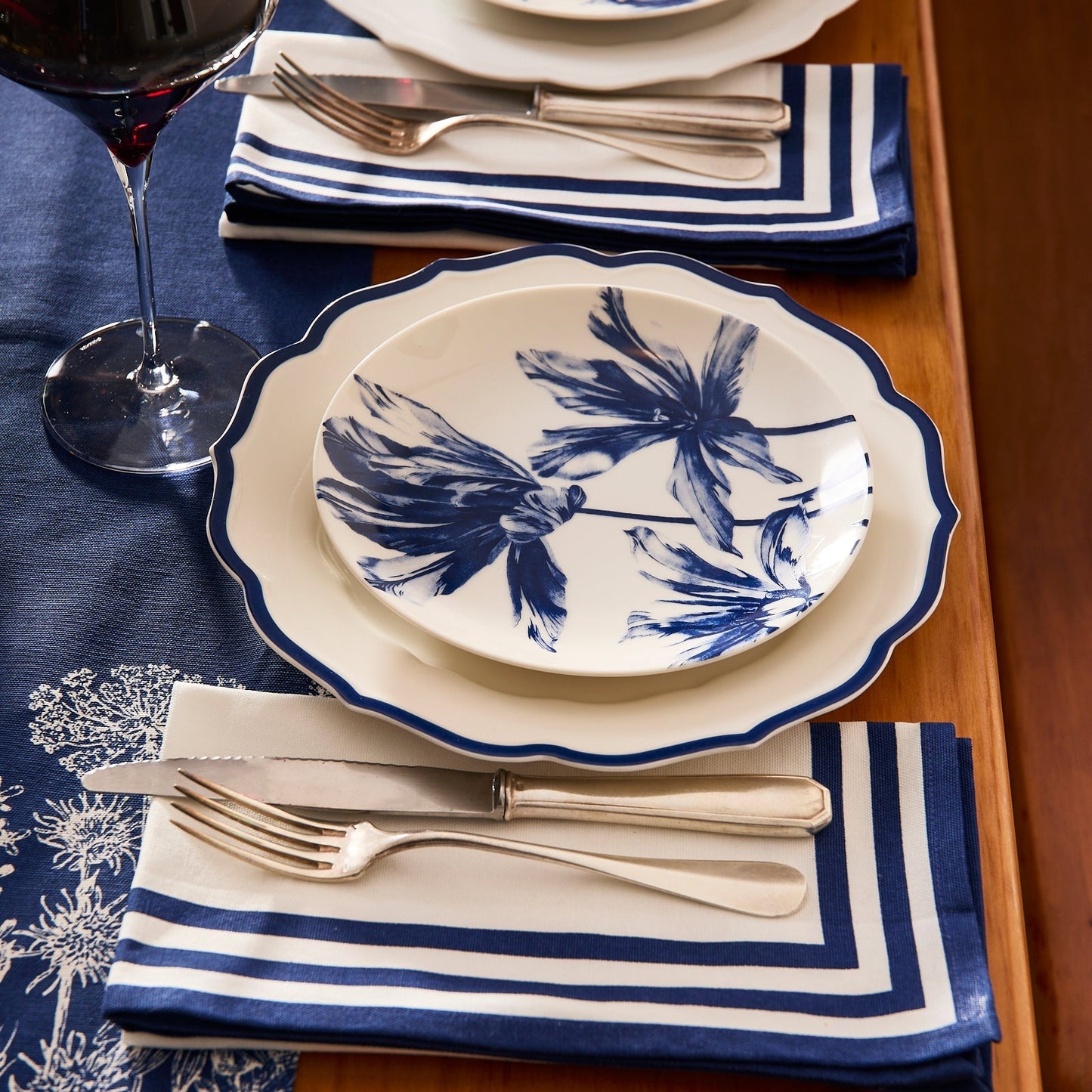 Triple Stripe Blue Dinner Napkins