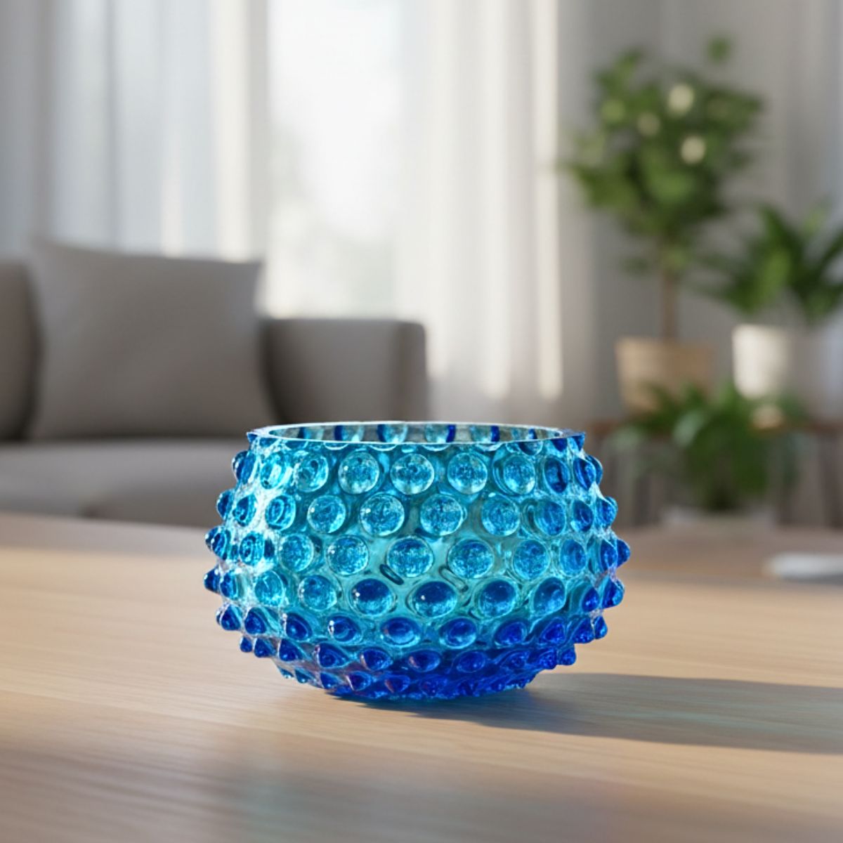 Hobnail Bowl Small Coastal Azul - Hand-Blown Bohemia Crystal Decorative Bowl, Beach House Decor